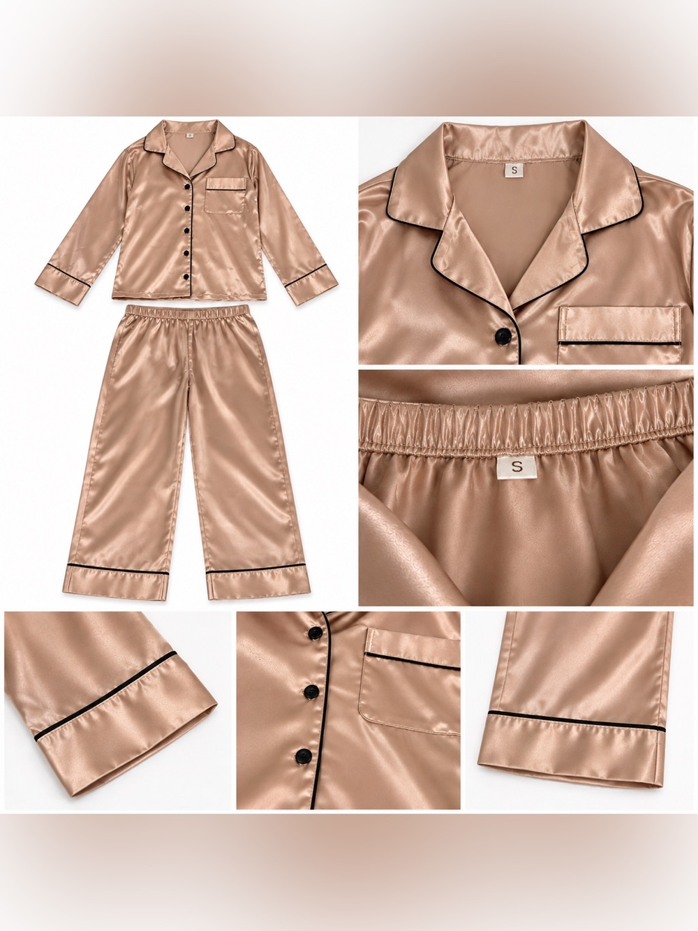 Champagne Satin Pajama Set – Long Sleeve Button Up & Pants – Size Small